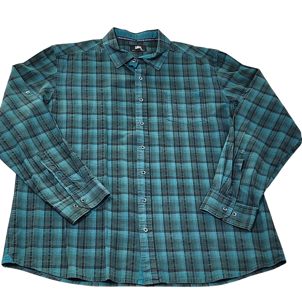 Rock & Republic Shirt Mens 2XL Green Plaid Button Long Sleeve Pocket Casual